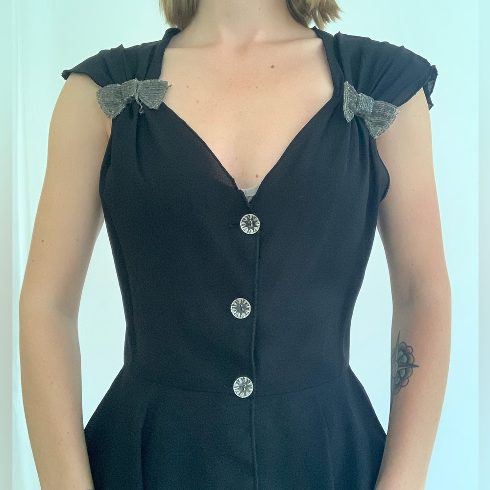 Vintage 90s Sheer Black Vest Top with Silver Beaded Bows and Buttons